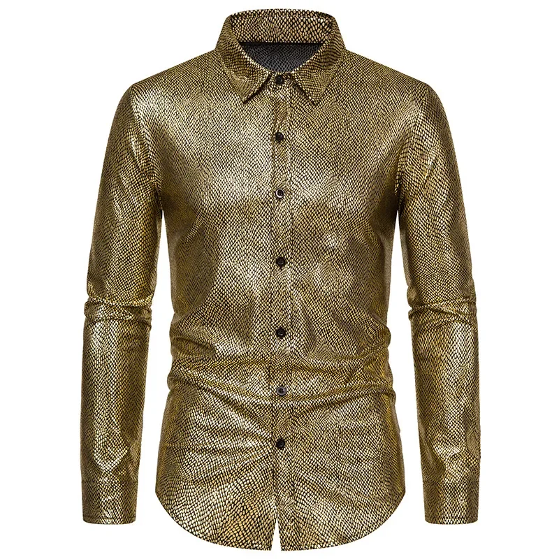 Luxury and Fashionable Men's Sequin Metal Dress 2024 New Long Sleeved 70's Disco Party Shirt Stage Performance Men's Shirt