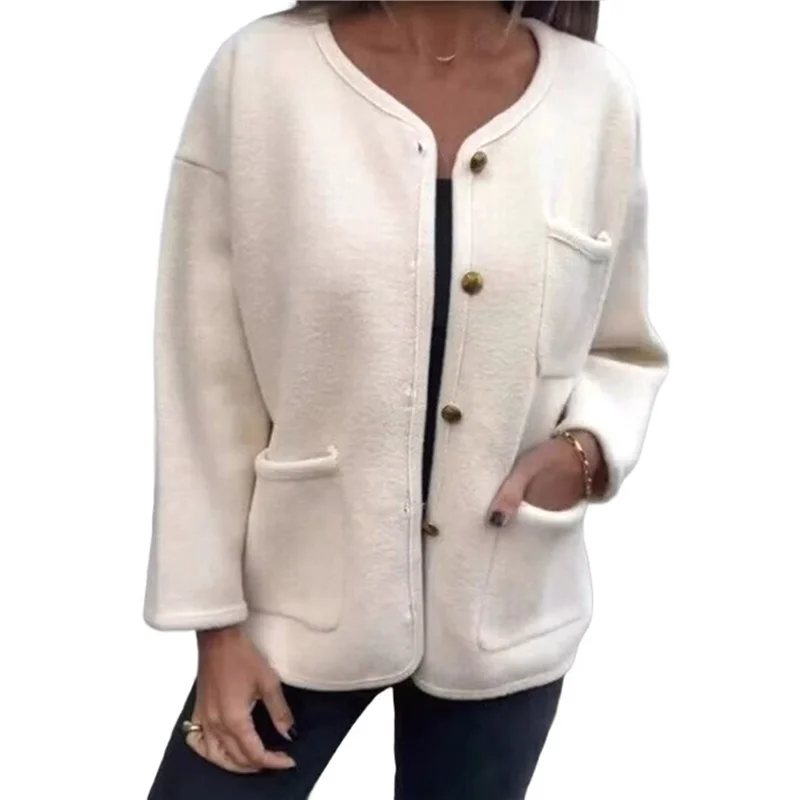 

ABVA-Women's Autumn And Winter Fashion Casual Round Neck Long Sleeve Button Woolen Coat With Pockets