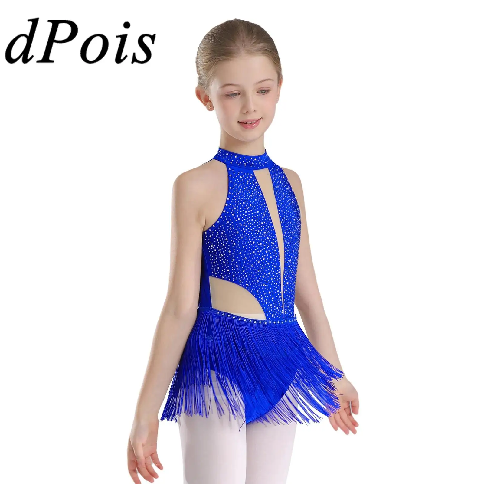 

Kids Girls Sleeveless Backless Fringed Bodysuit Latin Dance Leotard Stage Performance Competition Dancing Wear Tassel Jumpsuit