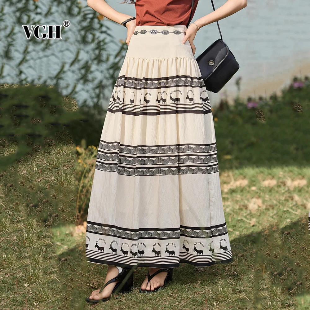 

VGH Vintage Slimming Elegant Hit Color Long Skirts For Women High Waist Spring Temperament Printing Skirt Female Fashion Style