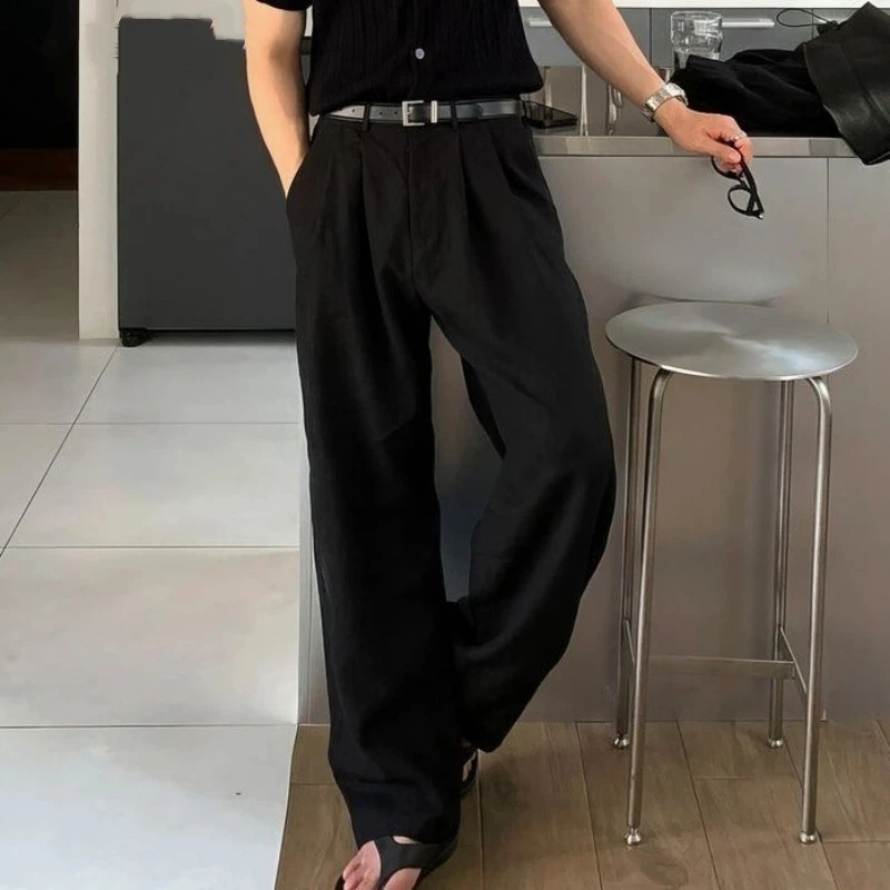 

Men's Casual Loose Wide Leg Trousers Solid Color High Waist Drape Suit Pants Breathable Daily Streetwear Bot