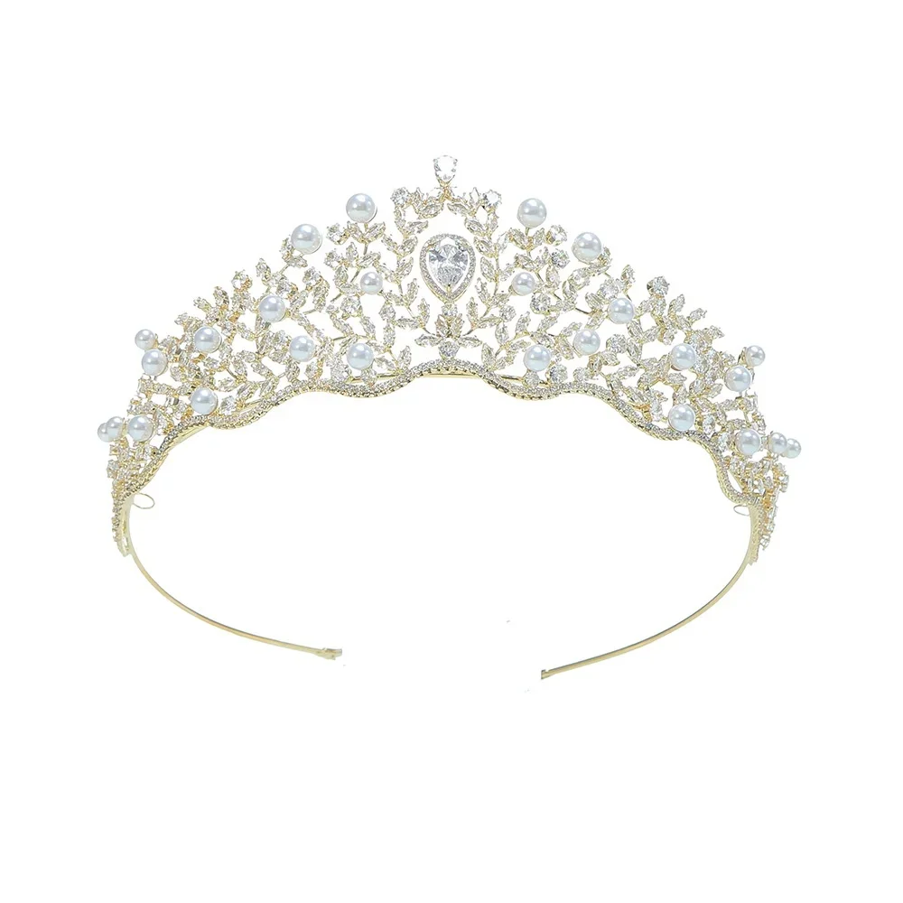 Cubic Zirconia Pearl Bridal Tiara Crown For Wedding Hair Accessories CZ Princess Queen Crowns For Pageant Women Bride Headdress