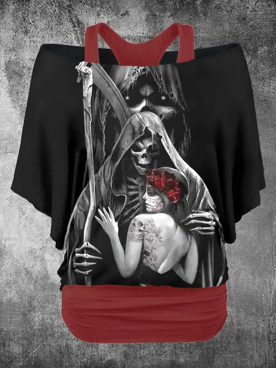 PLstar Cosmos 3D Printed Horror Skull Pattern Faux Two-Piece Top Women's Casual T-Shirt Harajuku Streetwear