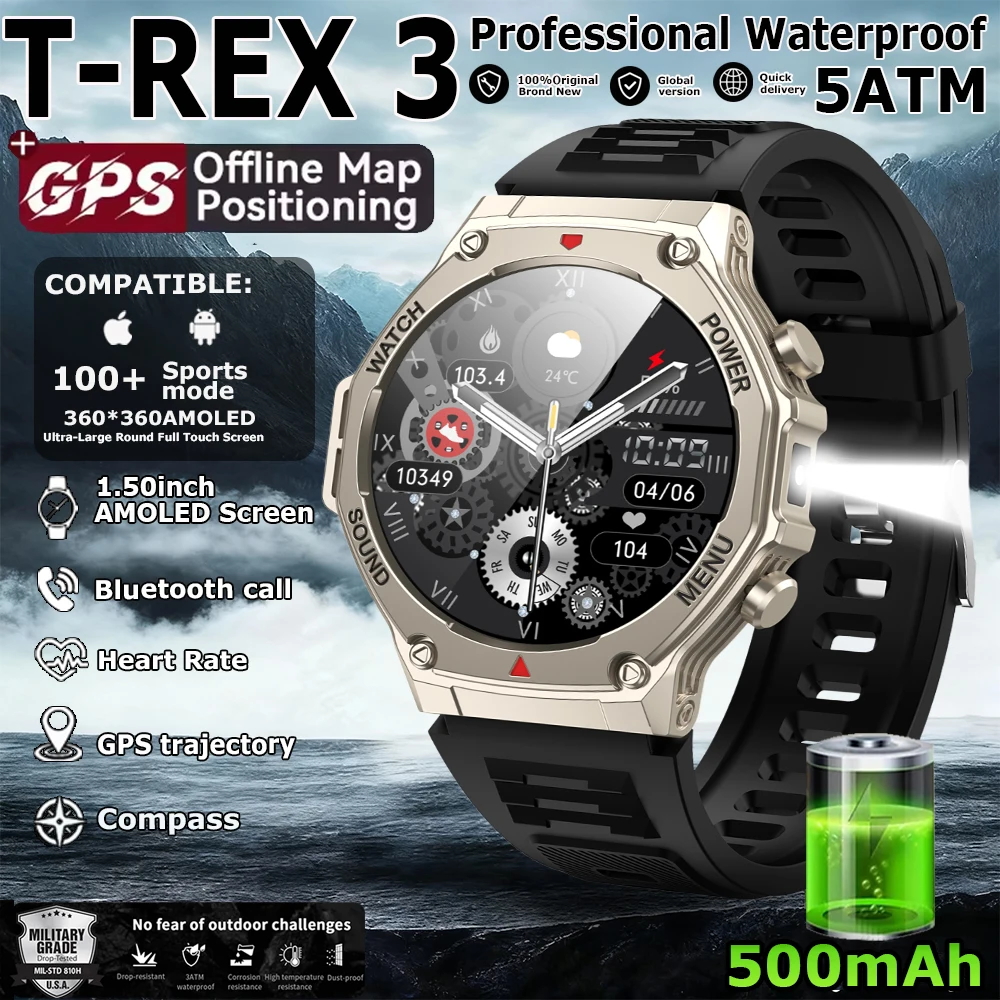 

2026 New T-Rex 3 Military Grade Sports Smart Watch GPS Motion Track 5 ATM Waterproof Heart Rate HD Bluetooth Call Smartwatch Men