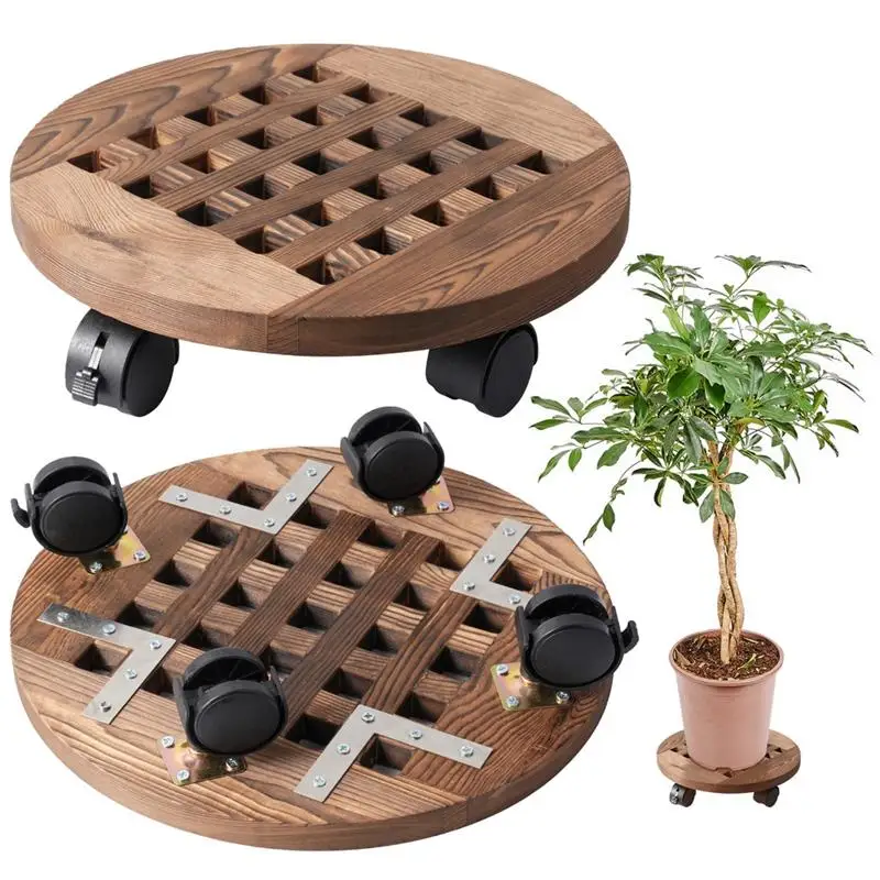 2 Packs Plant Caddies 12in Wood Round Plant Rollers 360° Lockable Caster Wheels Movable Stands For Flowerpots Succulent Pots