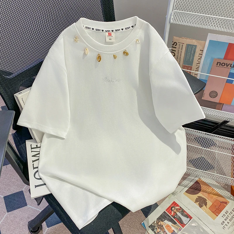 Korean Style 2026 New Arrival White Solid Color Shell-like Pendant Decor Crew Neck Short Sleeve T-shirt Women's Loose Casual Top