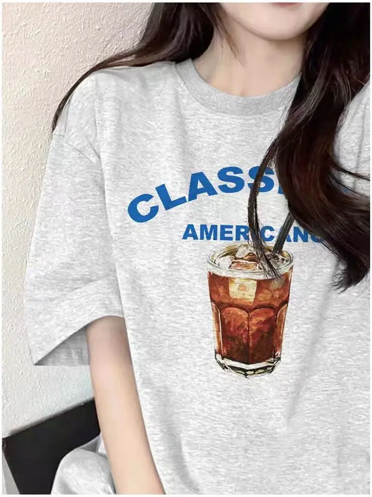 

Hong Kong style lazy style pure cotton short-sleeved T-shirt for women summer new retro funny print loose shoulder y2k tops emo