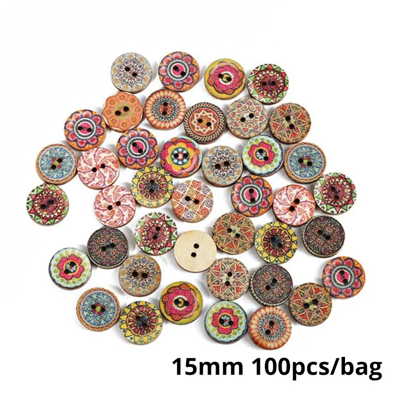 100pcs Round Two-Holes Vintage Buttons 15mm For Clothes Decoration Mixed Color Wooden Buttons DIY Sewing Supplies