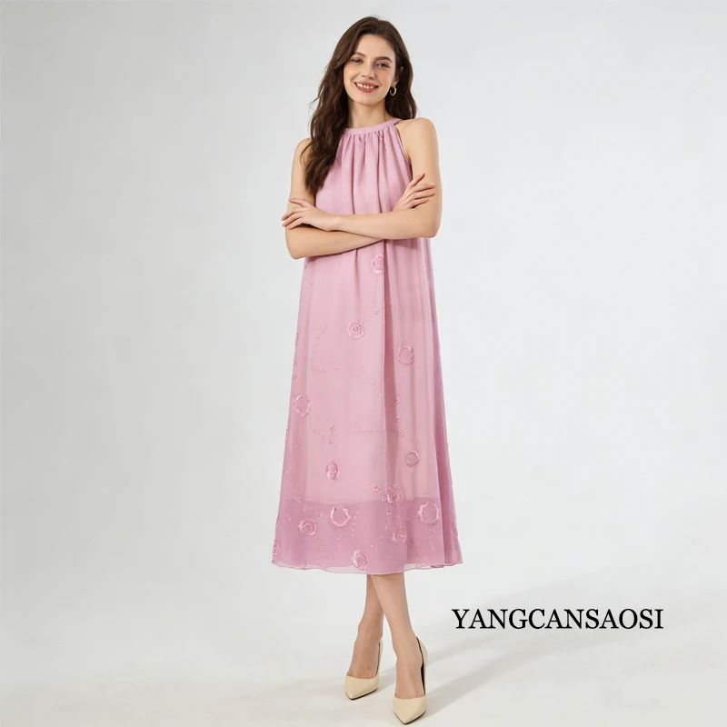 2026 primavera/verão novas roupas femininas sólido bordado natural amoreira seda pendurado pescoço dupla camada moda vestido