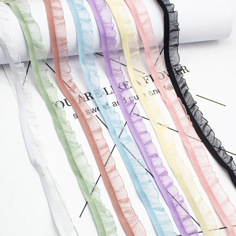 Wholesale 15mm Chiffon Ruffle Elastic Band Single Side Sheer Frill Lace Trim for Lingerie Dress Edging Sewing Accessories