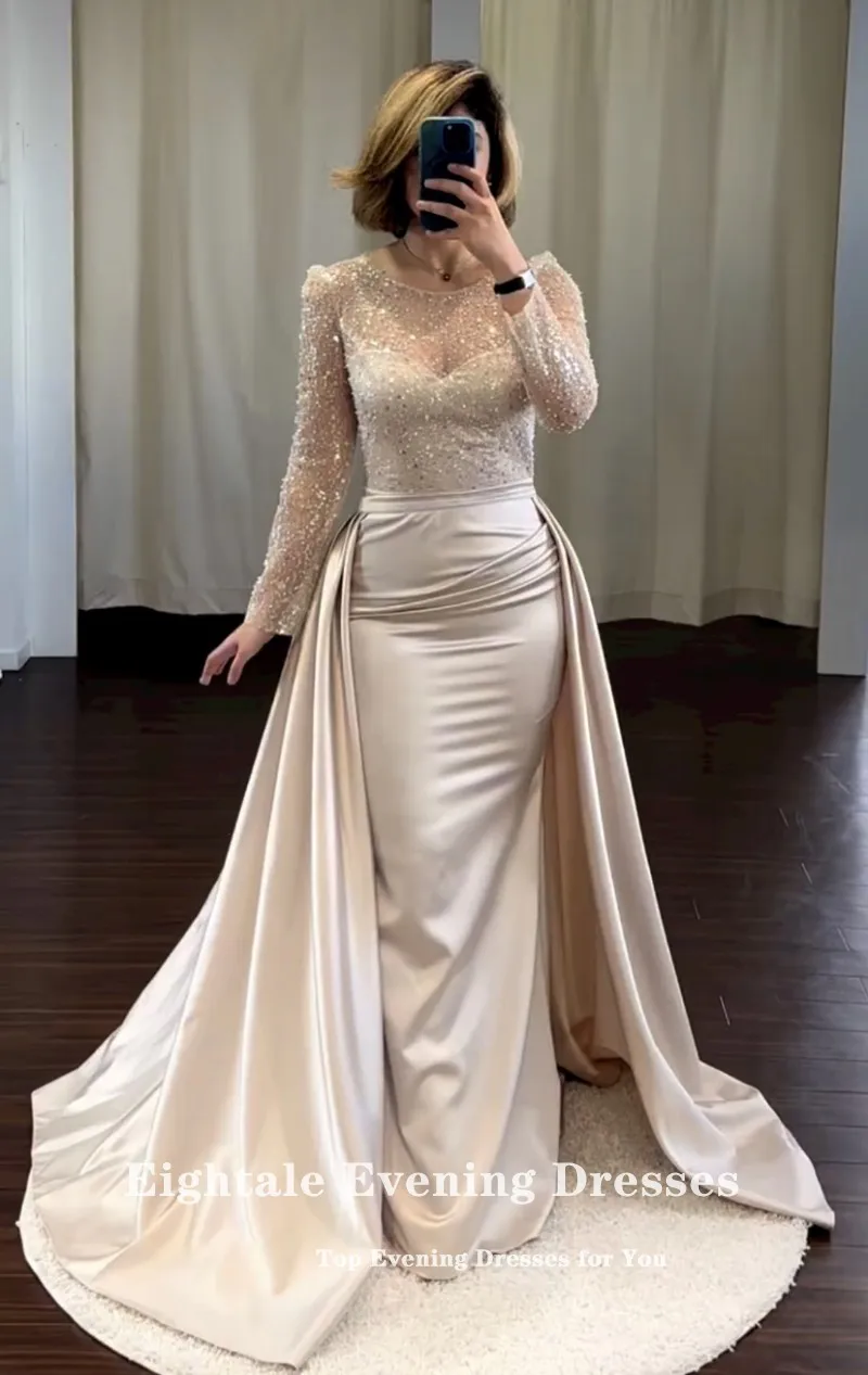 Eightale Luxury Evening Dresses for Women 2023 with Detachable Skirt Shiny Champagne Long Sleeves Satin Mermaid Party Prom Gown