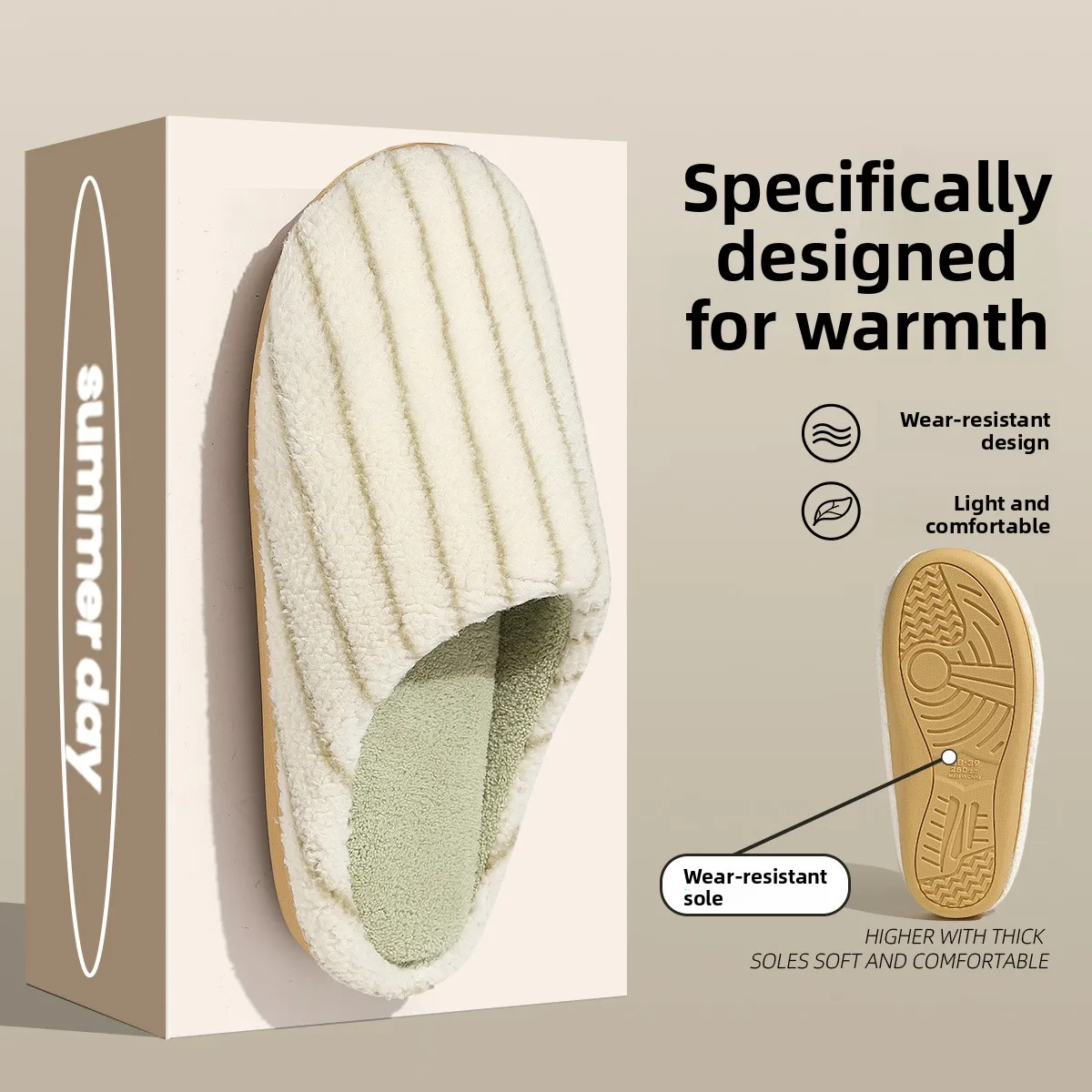 Striped Cotton Slippers Women Men Winter Warm Plush Bag Heel Indoor Home Slippers Cozy Soft Sole Autumn House Comfortable Footwe
