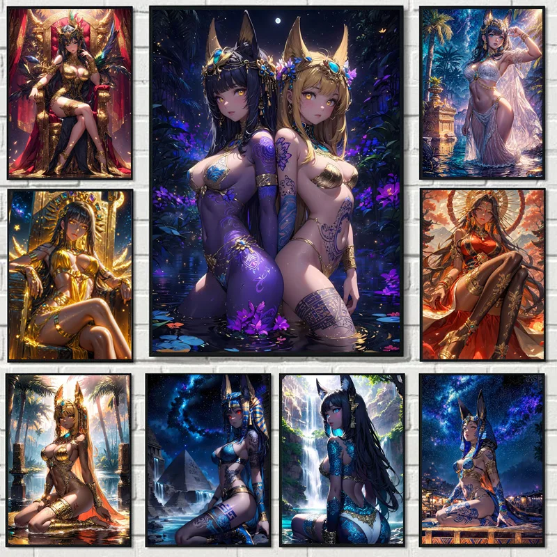 Anime Comic Cartoon Abstract Ancient Egypt Dress Sexy Woman Pyramid Poster Canvas Art Painting Prints Home Room Wall Decoration