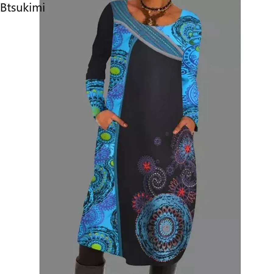 فستان نسائي فضفاض عتيق موديل 2025 مكشكش لربيع وخريف جديد مطبوع بأكمام طويلة فستان بوهو غير رسمي للحفلات