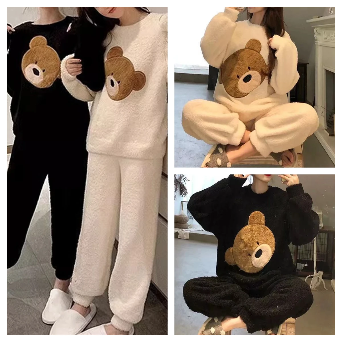 2cs  Pajamas Women\'s Autumn Winter Flannel Korean Version Cartoon Bear Kawaii Thickened Plush Velvet Coral Cute HomewearBirthday