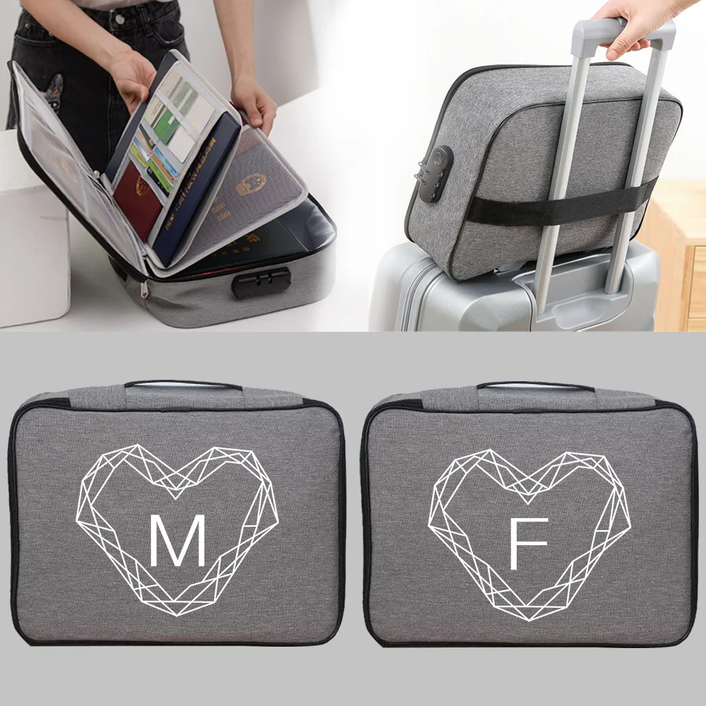 Diamond Letter Print A~Z Fabric Storage Box for Passport Legal File Paperwork Organizer Files Password Lock Document Storage Bag