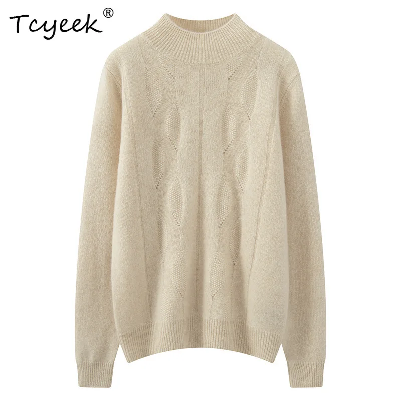 

Tcyeek, 100%Pure Cashmere Elegant Sweaters, Women Hollow Out Mock Neck, Fashion Casual OL Tops, 2024 Autumn Winter T48888QM