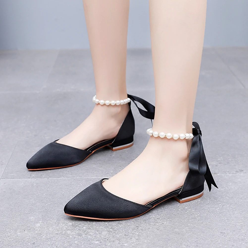 Crystal Queen Pearl Strapping High-heeled Shoes Summer Square Heel Pointed Hollow Women\'s Sandals Casual party Flat