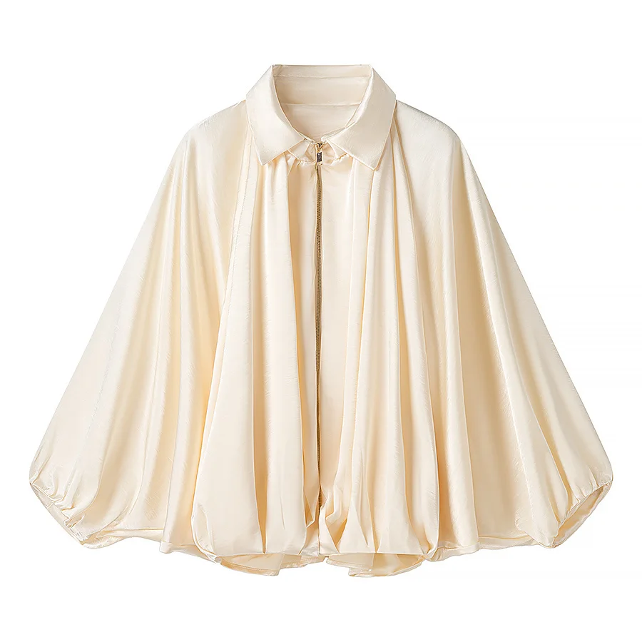 

ZBZA Spring New Women's Faion High Quali Satin Flight Jaet Outerwear Polyester Fiber Long Sve Zipper Closure Pure Color