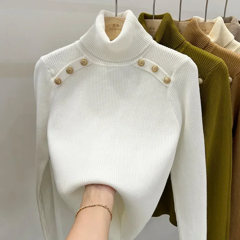 Wool Blend Luxury Turtleneck Women's Sweater Army Green Warm Winter Padder Shoulder Casual Knitted Tops