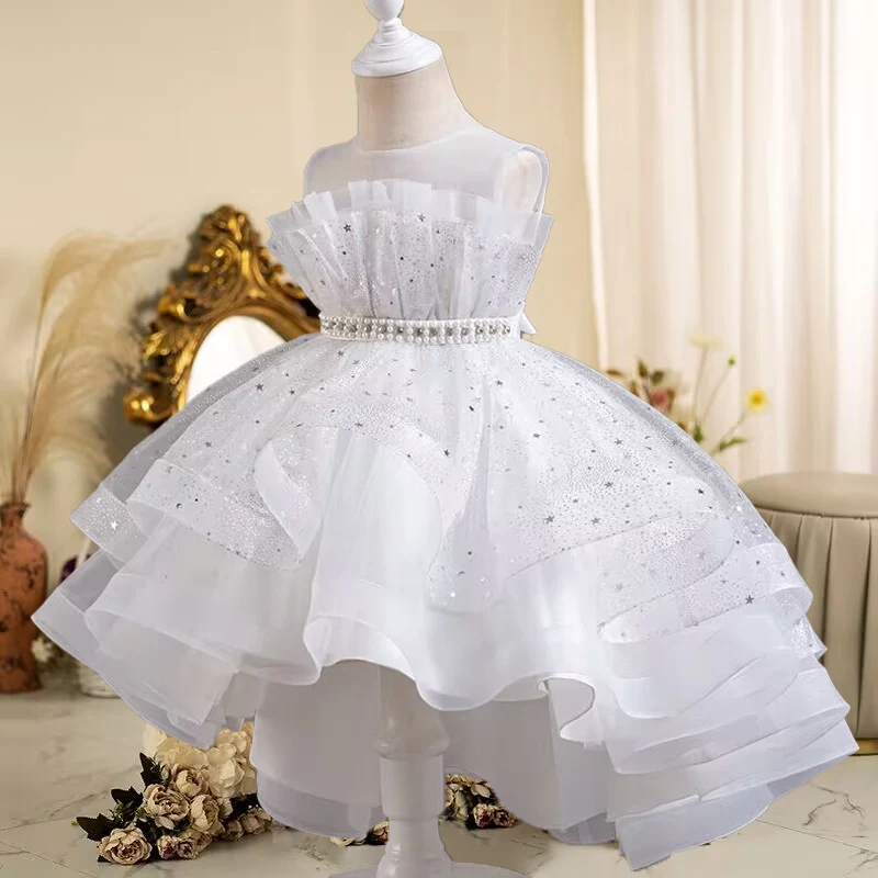 Robe de soirée à paillettes pour enfants, robe de princesse en fibre, maille de queue, fête d'anniversaire, été, nouveau, 3-12 ans