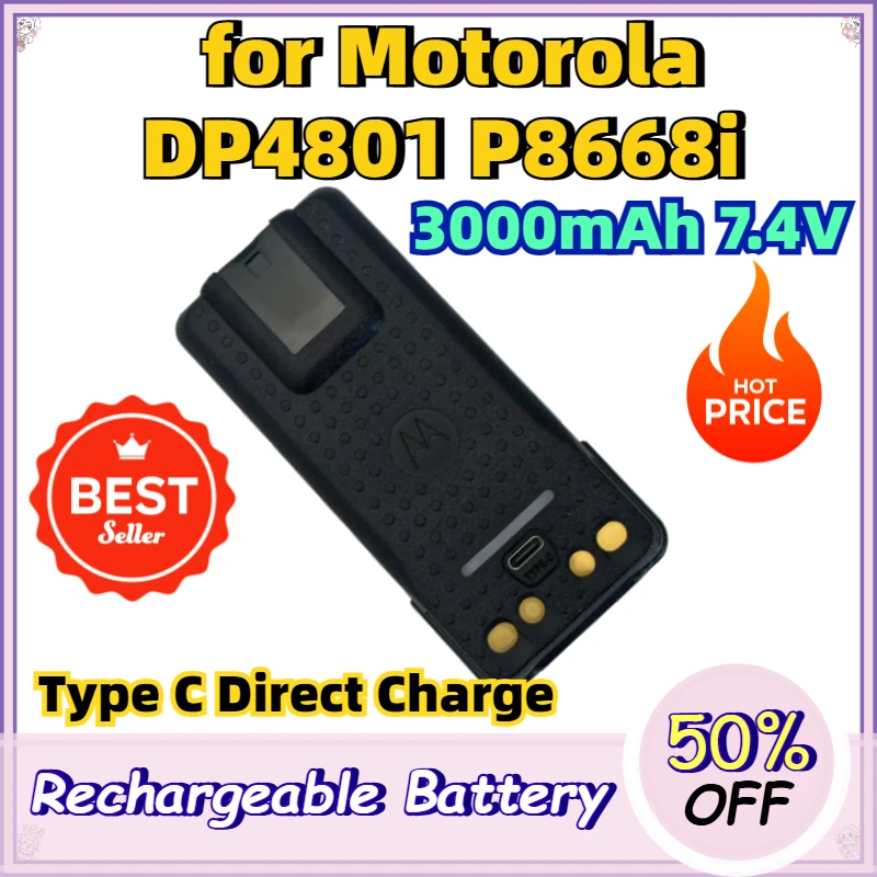 High-Quality 3000mAh 7.4V Type C Charging Replacement Battery for Motorola DP4801 P8668i Radio with Direct Charge Port