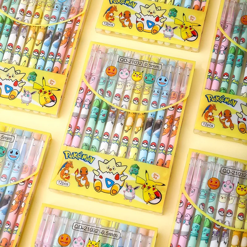 

12pcs/set Pokemon Series Black Neutral Pen Pikachu Squirtle Jigglypuff Anime Figure Study Stationery Supplies Children Gifts