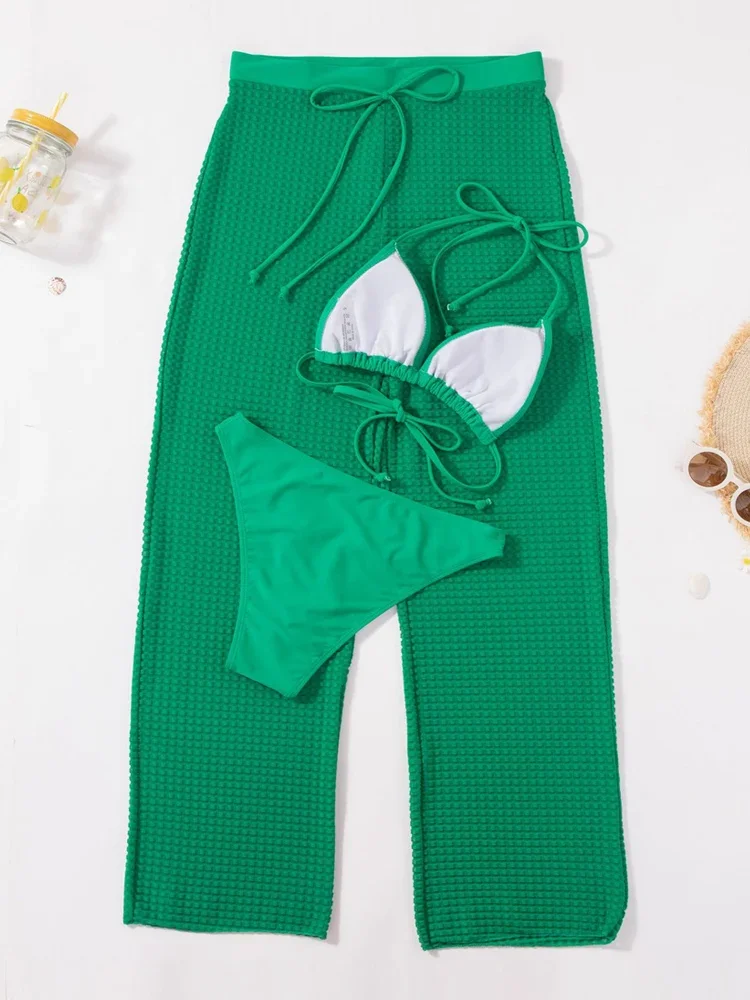 VigoBreviya-Conjunto de Bikini liso de 3 piezas con pantalones de cintura alta para mujer, traje de baño Sexy con cuello Halter y realce, traje de baño para playa de verano 2025