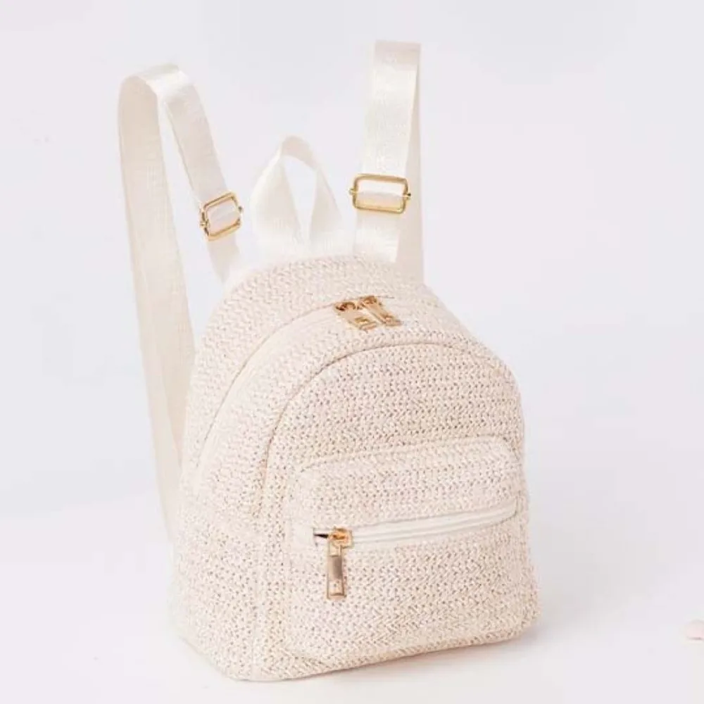 

Portable Woven Small Backpack Ethnic Style Lightweight Straw Weaving Backpack Multicolor Stripes Polyester Mini School Bag Women