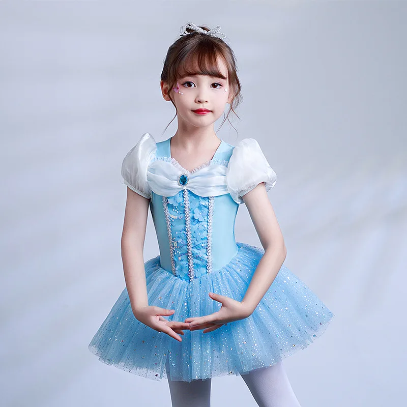 Child Tutu Ballet Dress Blue Sequins Leotard Ballerina Tulle Costume For Girls Dancewear Beautiful Gymnastics Leotard Outfit