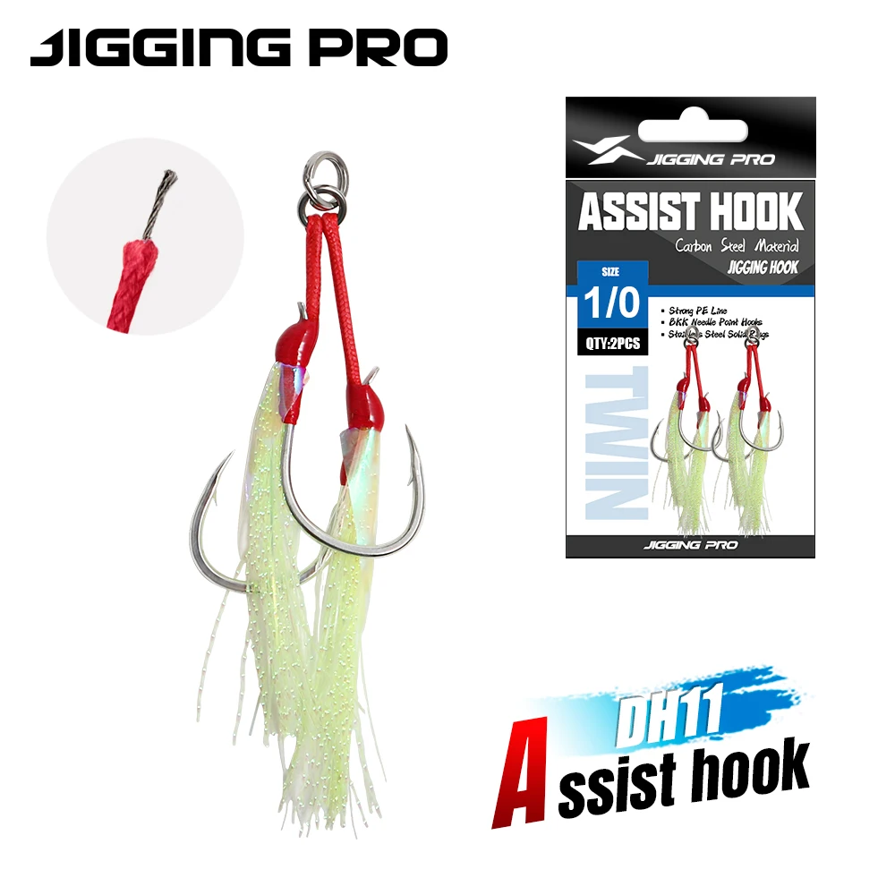 JIGGING PRO 1/0 2/0 3/0 4/0 Heavy Duty Double Assist Hooks Steel Wire Core Jigging Hooks Luminous Saltwater Fishing Tackle