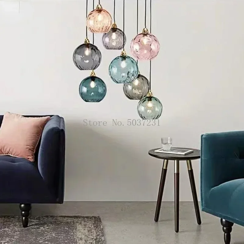 Nordic Colored Glass Ball Lustre Pendant Lights Modern Water Grain Restaurant Kitchen Hanging Light Fixture Bedroom Bedside Lamp