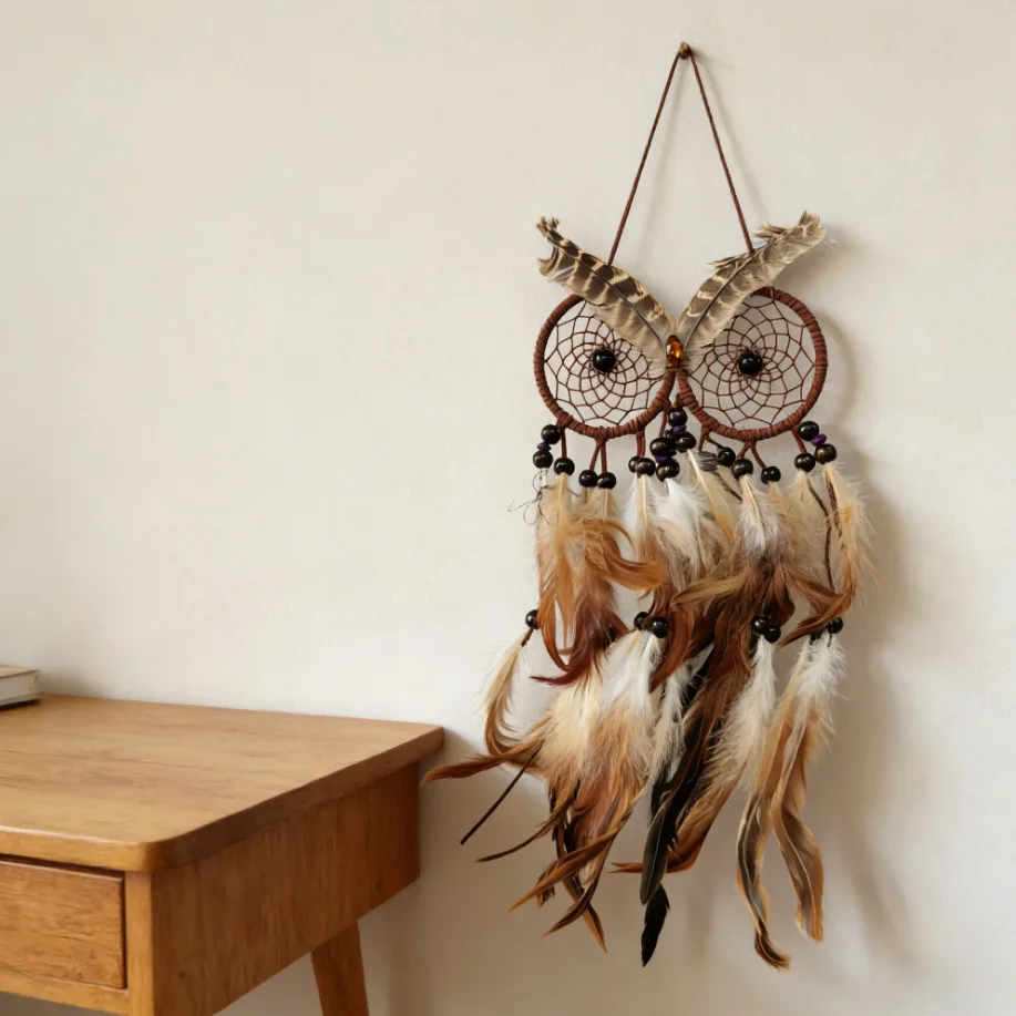 Hand Knitted Owl Style Dreamcatcher, Natural Feather & Bead Wall Hanging Ornament, Boho Interior Decor & Housewarming Gift.