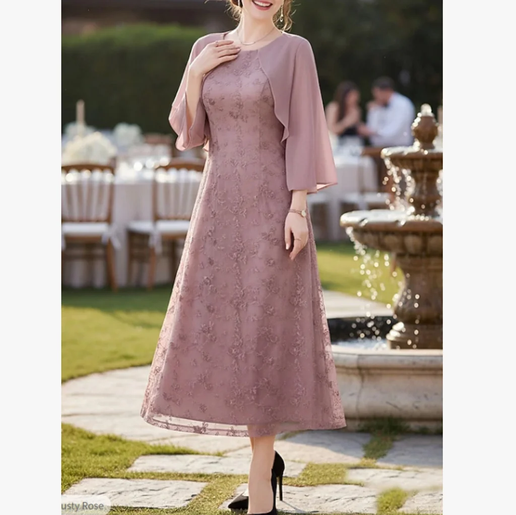 

Customized 2 Pieces Elegant Midi Mother of the Bride Dresses O-Neck Tea-Length A-Line Wedding Guest Party Groom Dress 2026