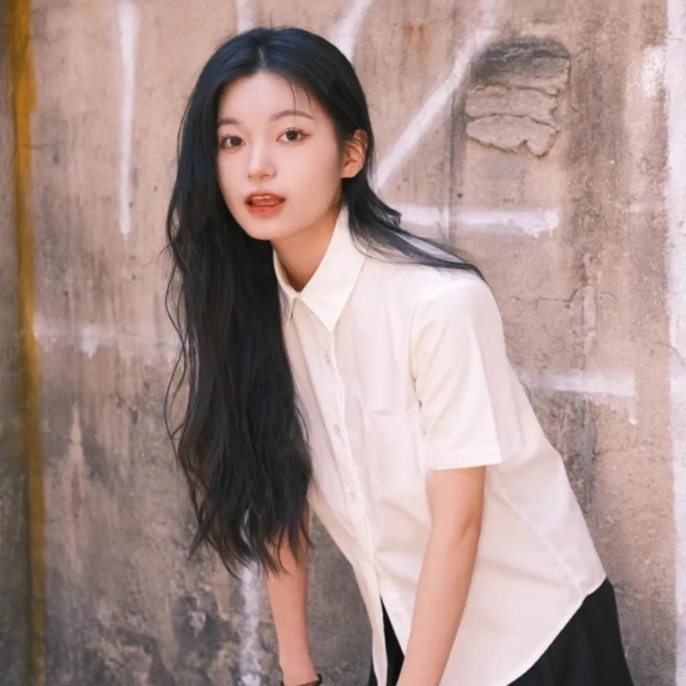 Casual Classic White Shirt Preppy Style Simple Loose Fit Shirt Basic Short Sleeve Blouse Graduation Season - Image 2