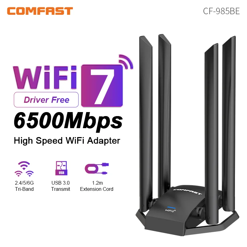COMFAST WiFi7 USB Adapter BE6500 2.4G 5.8G 6GHz Wireless Network Card 802.11be 6500Mbps Wi-Fi 7 Antena Dongle WiFi 7 Adaptador