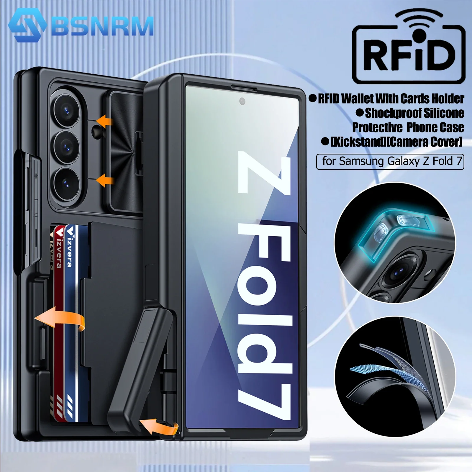 

for Samsung Galaxy Z Fold 7 Case Wallet,RFID Cards Holder,Hidden bracket,Camera Cover,Shockproof Silicone Phone Case-Black
