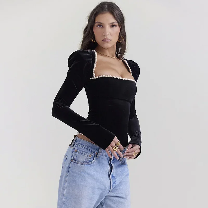 Vintage Black Velvet Corset Top Square Collar Long Sleeve Blouse For Women Fashion 2024 Autumn Winter Elegant Blouses And Shirts