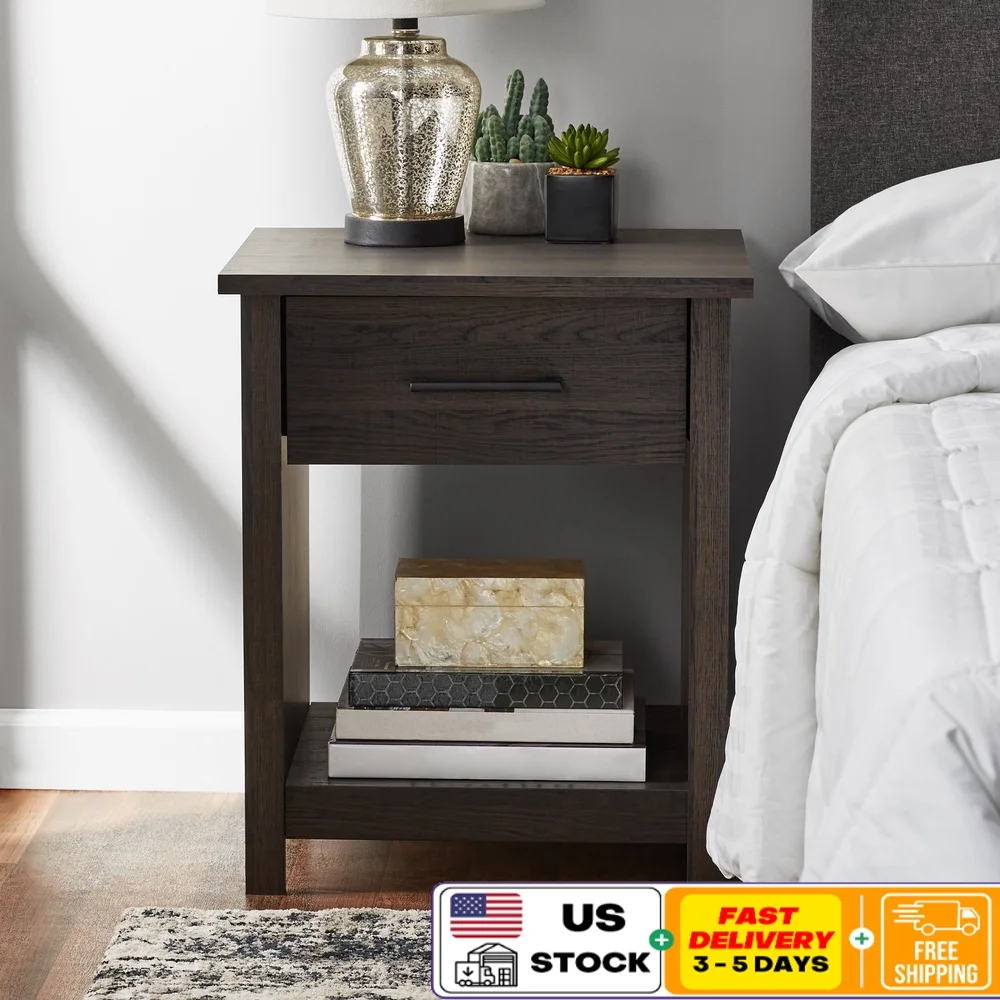 

Hillside Nightstand with Drawer and Open Storage Bedside Table Bedroom Remotes Books Lamp Alarm Clock Decorative Display