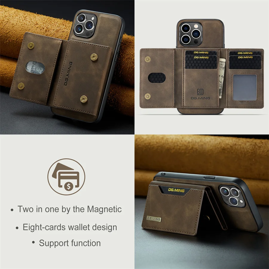 Luksusowe magnetyczne skórzane etui z portfelem dla iPhone'a 15 14 Plus 11 12 13 16 Pro XS Max X XR Magnetyczne, odłączane etui na karty pieniężne — zdjęcie produktu 2