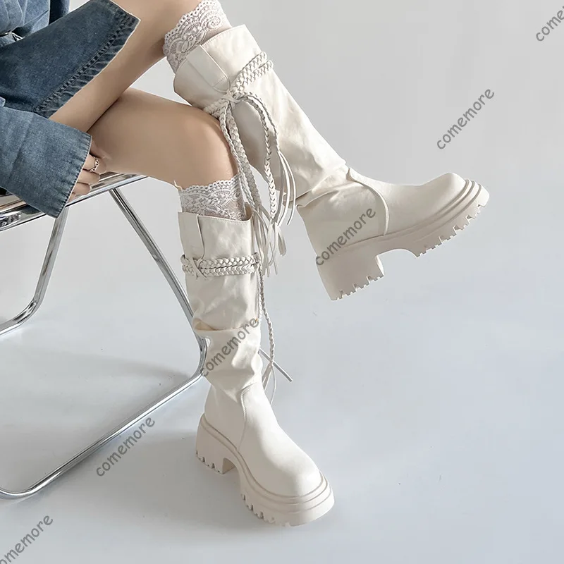 

Comemore, белые сапоги до колена на платформе в стиле ретро, женская обувь на толстом высоком каблуке, модные осенние длинные рыцарские ботинки, женские туфли