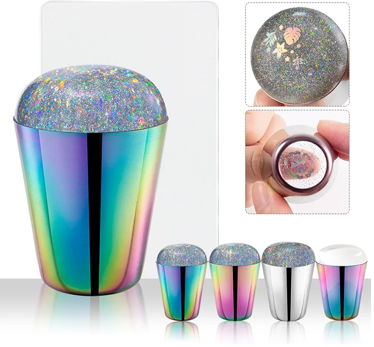 1PC Rainbow Laser Nail Stamper Met Schraper Ronde Jelly Transfer Schilderen Stamper Legering Handvat Nagellak Print Manicure Gereedschap