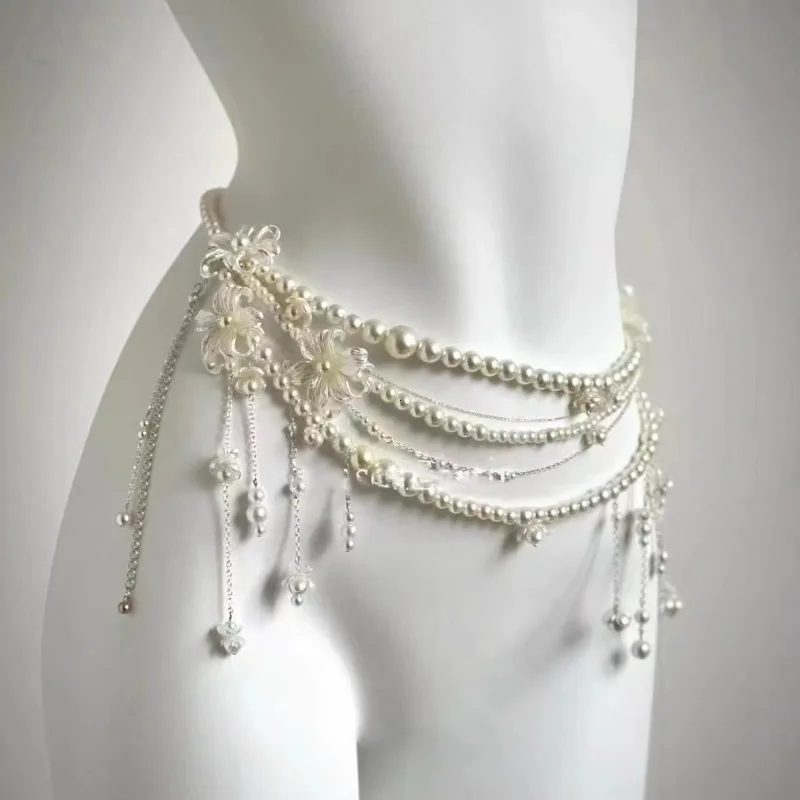 Cinturón de perlas multicapa con cadena para mujer, cinturón de diseñador Retro Y2K a la moda, accesorios para ropa, cinturones de fiesta