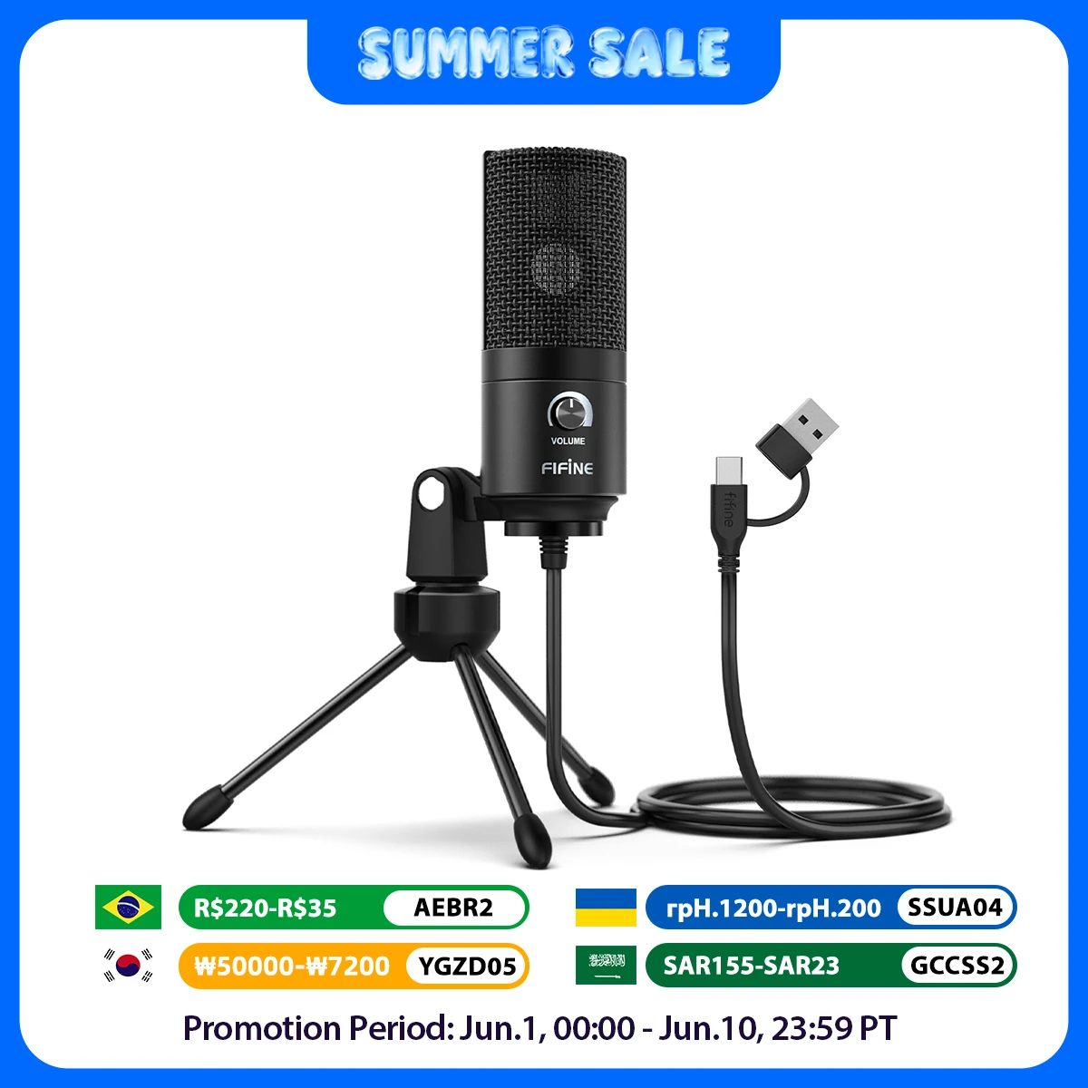 FIFINE Microphone à condensateur USB avec bouton de Gain, micro d'enregistrement en métal pour Studio à domicile, Podcasting, voix sur ordinateur portable, Windows-K669