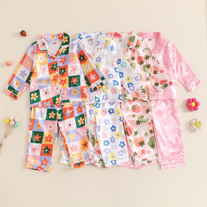 

Kids Baby Girls Pajamas Set Lovely Floral Print Button up Long Sleeves Shirt and Elastic Pants Loungewear Sleepwear