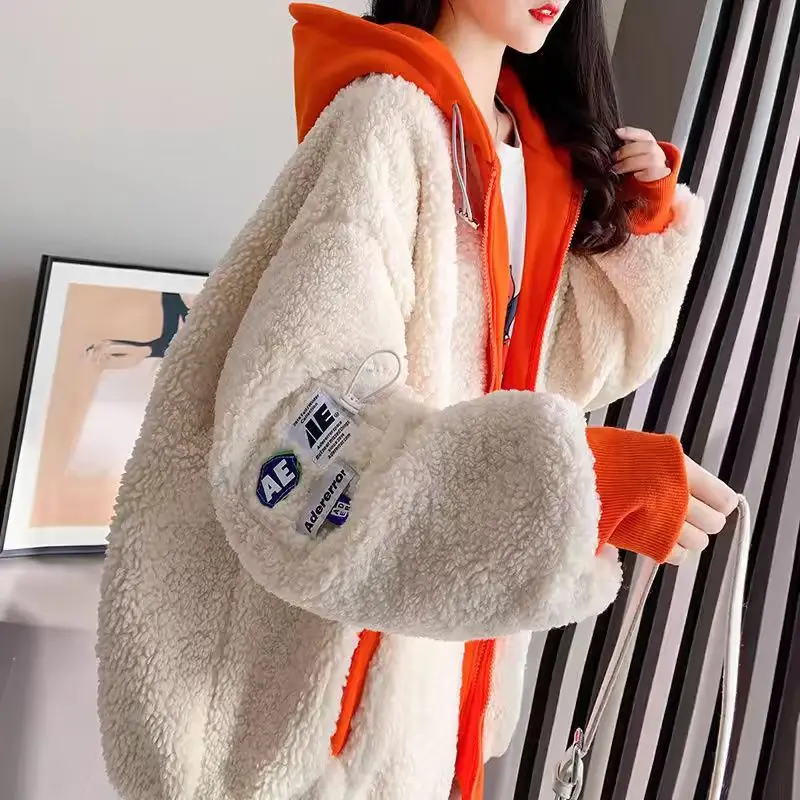Hooded Faux Fur Jackets Zipper Short White Patchwork Furry Jackets Fluffy Street Loose Faux Lamb Plush Coats Warm Thick 2025 New view 4