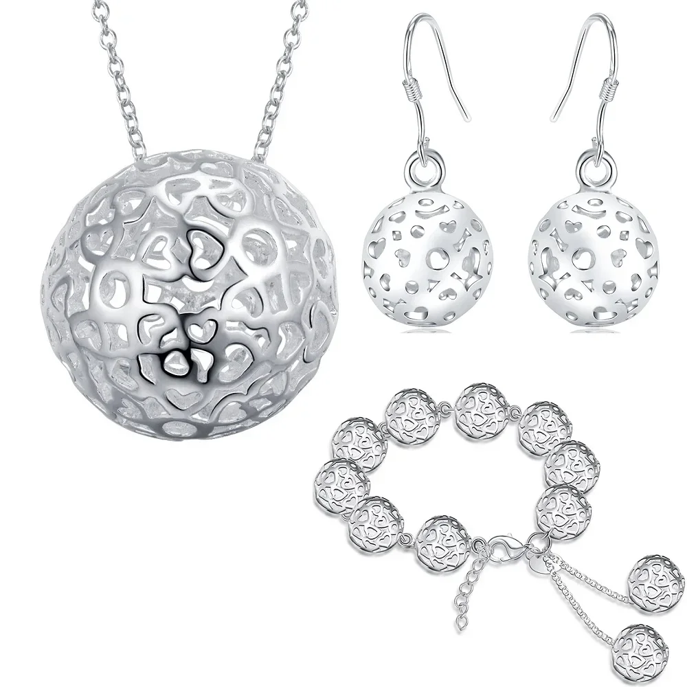 New 925 Sterling Silver classic Hollow Ball Pendant Bracelet necklace earrings Jewelry sets for women Fashion Party wedding gift