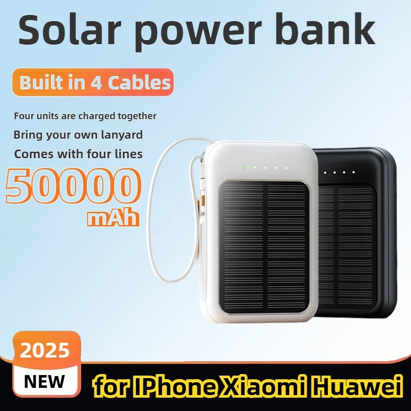 

50000mAh Solar Power Bank Built 4 Cables Portable Charger External Spare Battery Mini Powerbank with LED Light for IPhone Xiaomi