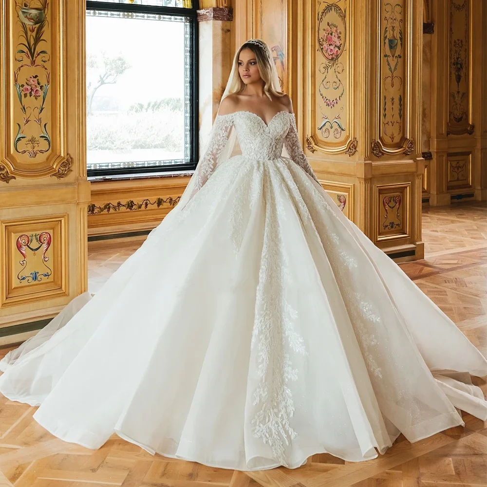 

Customized Luxury Off Shoulder Long Sleeve Bridal Ball Dress Sweetheart Shining Beaded Princess Wedding Dress Lace Palace Weddin