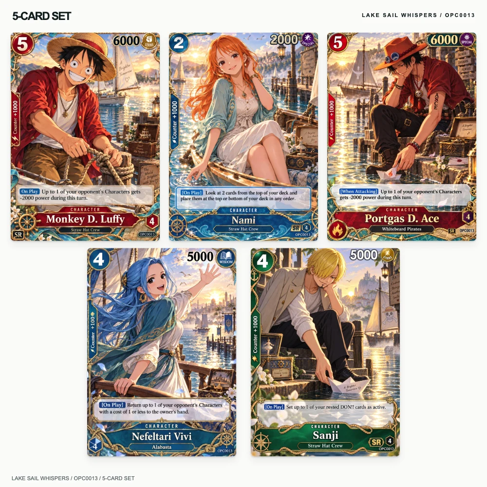 5pcs One Piece Holographic Trading Cards Lake Sail Whispers Luffy Nami Ace Vivi Sanji English Collectible Gift 63x88mm Set